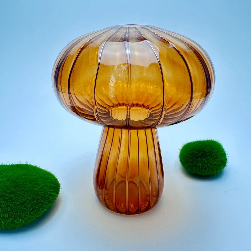Vintage Amber Glass Mushroom Vase Ribbed Toadstool MCM Cottagecore Decor 5 inch